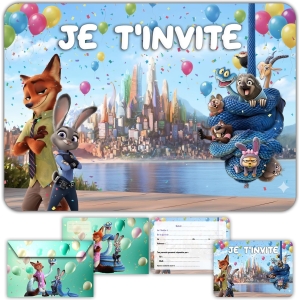 Glowiibo Lot de 12 Cartes Invitation Anniversaire Zootopie et Animaux avec Enveloppes Assorties - Idéal Enfant Fille Garçon - Cartons Préremplis en Français pour Fête ou Goûter d'Anniversaire