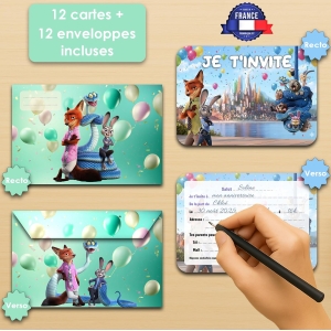 Glowiibo lot de 12 cartes invitation anniversaire zootopie et animaux avec enveloppes assorties ideal enfant fille garcon car