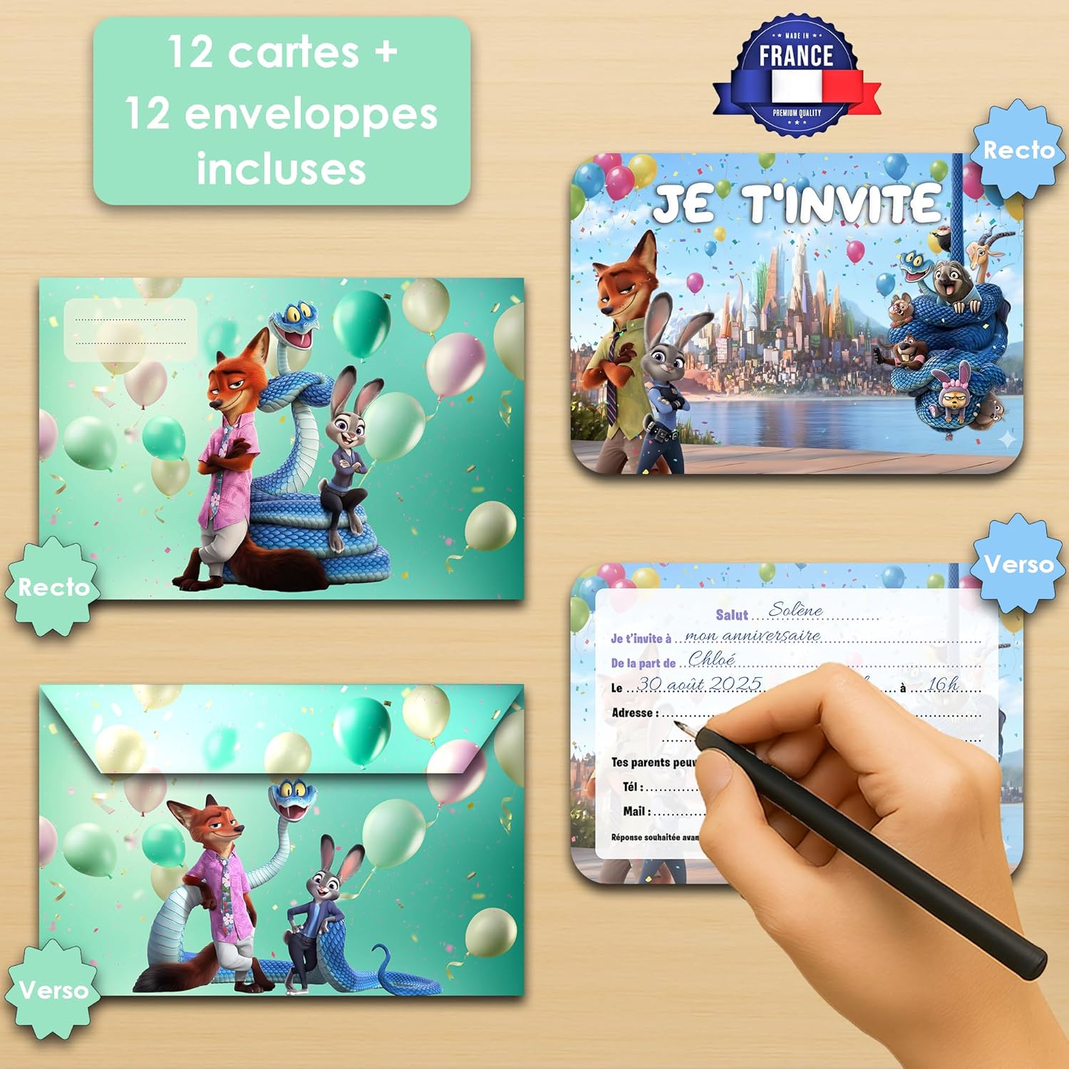 Glowiibo lot de 12 cartes invitation anniversaire zootopie et animaux avec enveloppes assorties ideal enfant fille garcon car