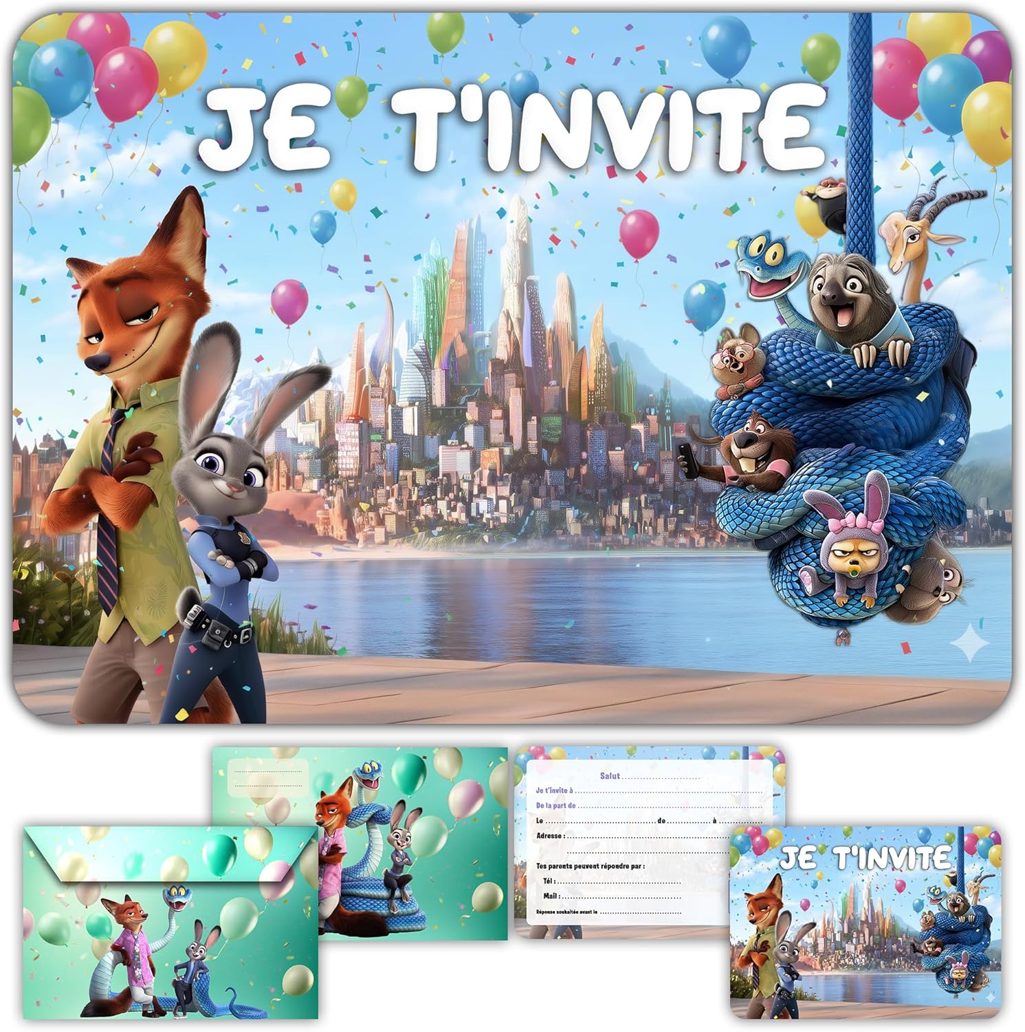 Glowiibo Lot de 12 Cartes Invitation Anniversaire Zootopie et Animaux avec Enveloppes Assorties - Idéal Enfant Fille Garçon - Cartons Préremplis en Français pour Fête ou Goûter d'Anniversaire