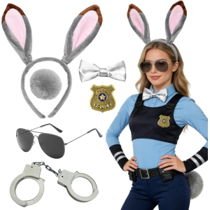 Accessoire Costume Zootopie Judy Hopps - Serre-tête Oreilles Lapin, Noeud Papillon, Queue, Insigne Police, Lunettes