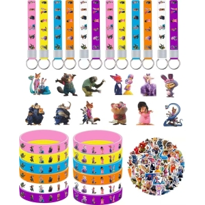 Lot Décorations Anniversaire Zootopie - Bracelets, Épingles, Porte-clés, Autocollants