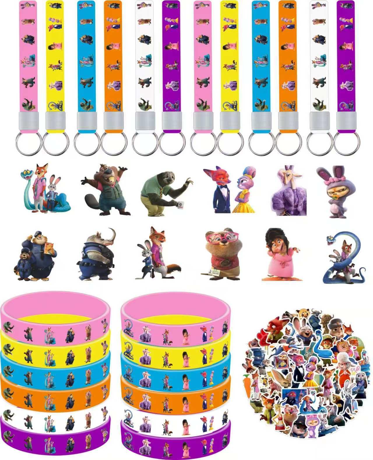 Lot Décorations Anniversaire Zootopie - Bracelets, Épingles, Porte-clés, Autocollants