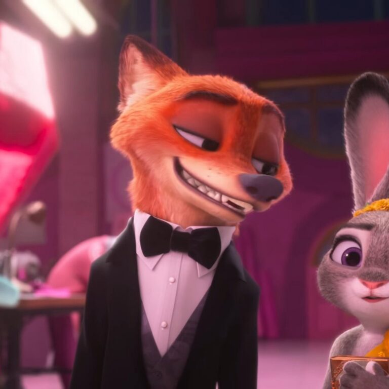 Nick Wilde en smoking, sourire en coin, aux côtés de Judy Hopps